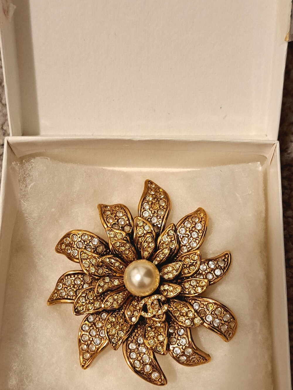 Gold Floral CC Crystal Brooch with Pearl Center - Women Jewelry